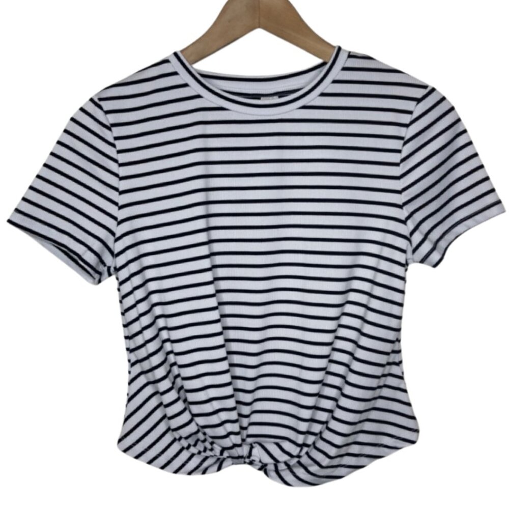 UNBRANDED | Women's Ribbed Blue and White Striped Knot Cropped Top | Size L - Picture 1 of 7